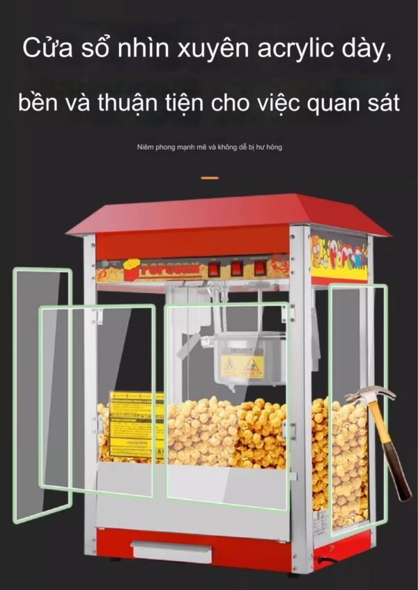 Máy làm Bắp Rang Bơ được thiết kế với mặt kính cường lực trong suốt, mang phong cách hiện đại, dễ dàng thu hút sự chú ý của khách hàng.